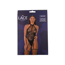 Load image into Gallery viewer, lace-by-lj-floral-lace-and-net-halter-suspender-bodystocking-black