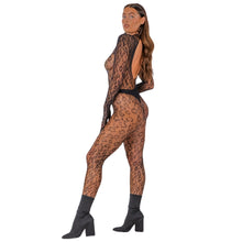 Load image into Gallery viewer, lace-by-lj-open-back-gloved-leopard-print-catsuit-black