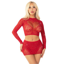 Load image into Gallery viewer, leg-avenue-rhinestone-crop-top-and-mini-skirt-red