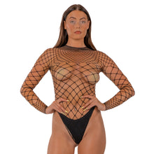 Load image into Gallery viewer, lace-by-lj-fence-net-long-sleeved-thong-bodysuit-black

