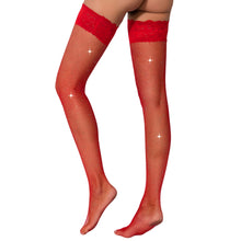 Load image into Gallery viewer, lace-by-lj-fishnet-thigh-high-stockings-with-rhinestones
