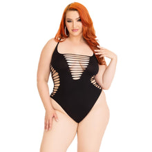 Load image into Gallery viewer, leg-avenue-shredded-thong-bodysuit-black-plus-size
