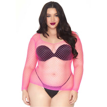 Load image into Gallery viewer, leg-avenue-long-sleeved-industrial-net-top-neon-pink-plus-size
