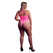 Load image into Gallery viewer, halter-tie-neck-bodysuit-neon-pink-plus-size
