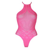Load image into Gallery viewer, halter-tie-neck-bodysuit-neon-pink-plus-size

