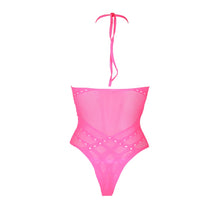 Load image into Gallery viewer, halter-tie-neck-bodysuit-neon-pink-plus-size
