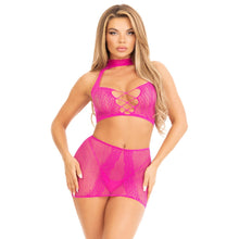 Load image into Gallery viewer, leg-avenue-halter-crop-top-and-mini-skirt-pink
